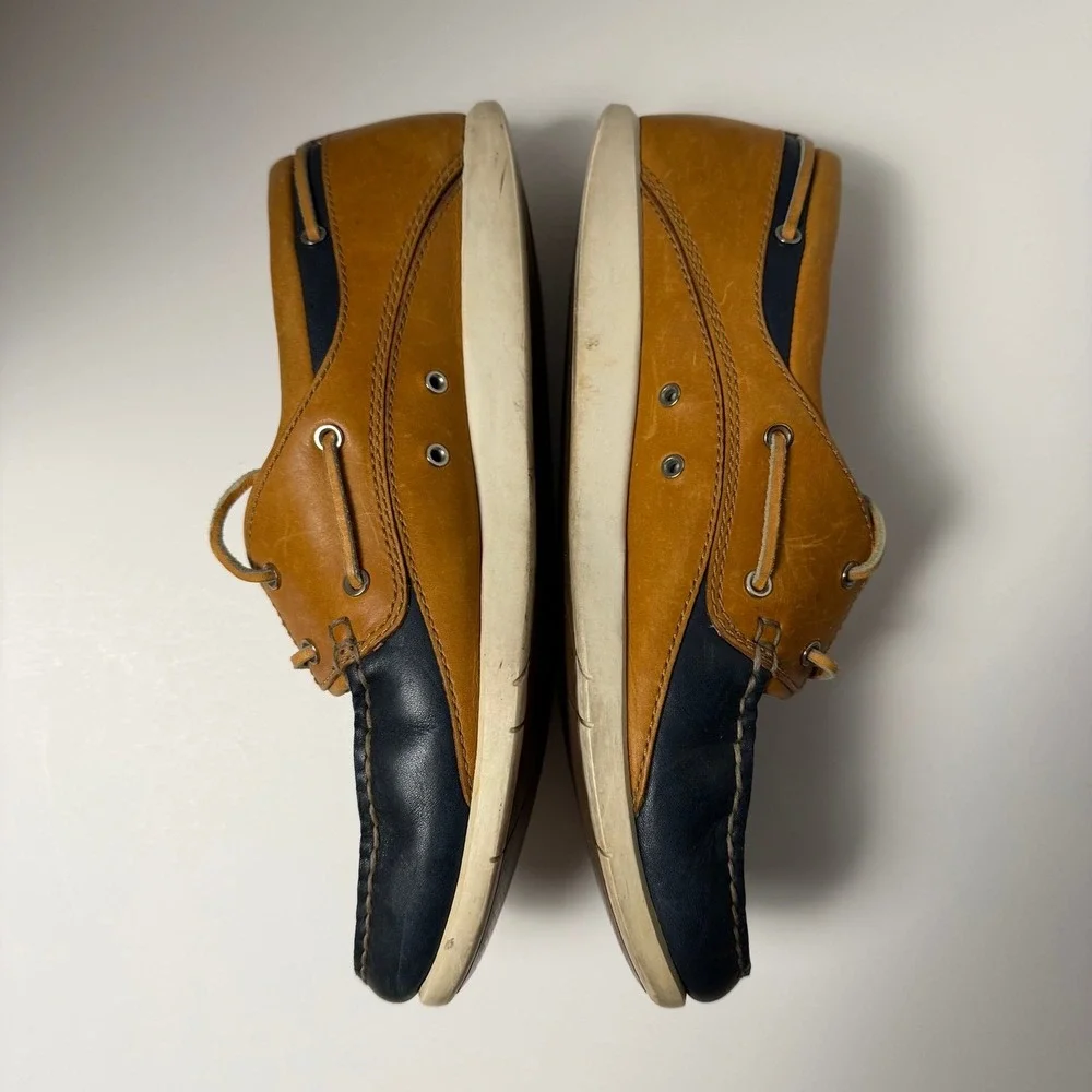 Sebago Dockside Boat Shoes Womens 10 Navy Tan Leather Preppy Nautical Old Money